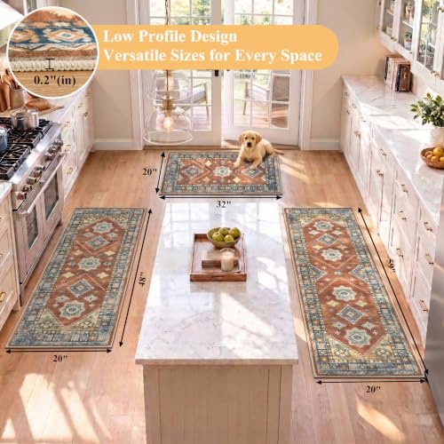 HEBE Boho Kitchen Rugs Set of 3, Non Slip Washable Kitchen Mats for Floor