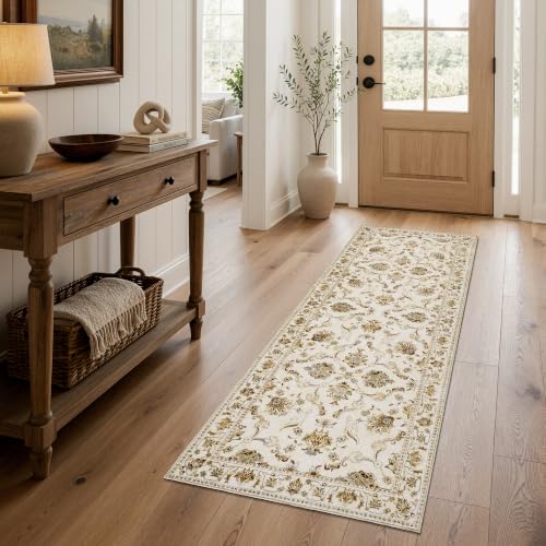 jinchan 2x5 Traditional Floral Runner Rug, Washable Rug, Oatmeal Rust