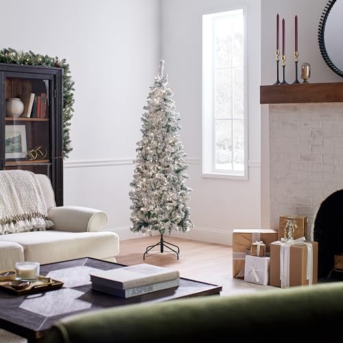 National Tree Company 6 ft Pre-Lit Flocked Acacia Slim Artificial Christmas Tree, 250 Clear Lights, 512 Tips, Includes Stand, Green