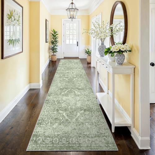 2'6"x12 Washable Runner Rug: Vintage Non-Slip Rug for Kitchen Sage Green