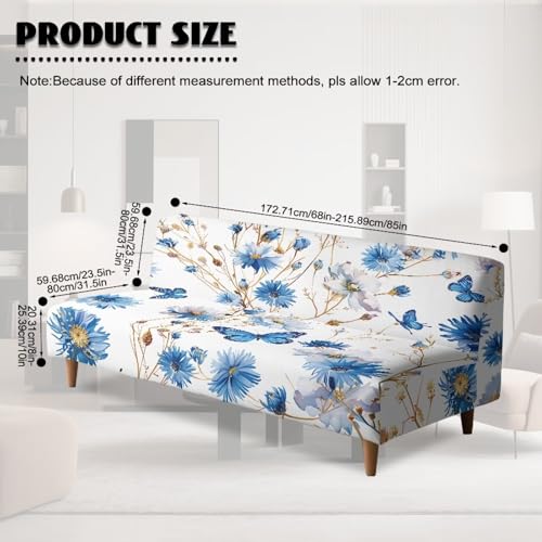 Stretch Futon Cover Without Arms Couch Sofa Bed Slipcover with Elastic Bottom Futon Couch Cover Non-Slip Furniture Protector for Living Room Decoration, Blue Floral Butterfly