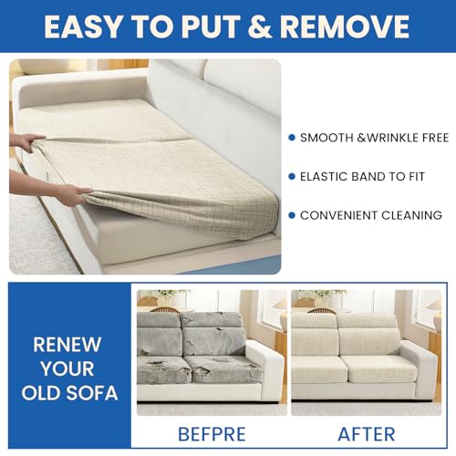 Stretch Couch Cushion Covers, 3 Piece Sofa Seat Slipcovers for Pets, Non Slip Sofa Seat Cover Washable Washable, Soft Thick, with Elastic Bottom(3 Piece Sofa Cushion Covers, Beige)