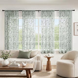 HOMEIDEAS Sage Green Sheer Curtains 52 X 63 Inches Length 2 Panels Embroidered Leaf Pattern Pocket Faux Linen Floral Semi Sheer Voile Window Curtains/Drapes for Bedroom Living Room