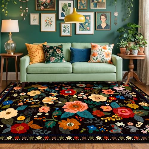 RELEANY Floral 5x7 Area Rugs Washable Print Boho Cute Carpet Non Slip Flower Low Pile for Living Room Bedroom Kitchen Office Farmhouse-Black