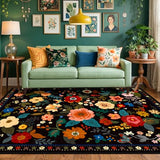 RELEANY Floral 5x7 Area Rugs Washable Print Boho Cute Carpet Non Slip Flower Low Pile for Living Room Bedroom Kitchen Office Farmhouse-Black