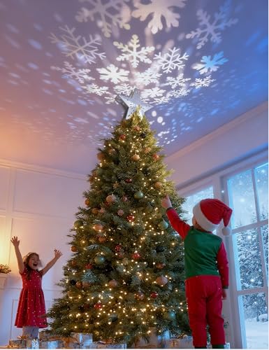 DG-Direct Christmas Tree Topper Lighted Star [Silver],3D Hollow Sparkling Star Christmas Tree Topper with Rotating Magic Cool White Snowflake Projector for Christmas Tree Ornament (Silver)