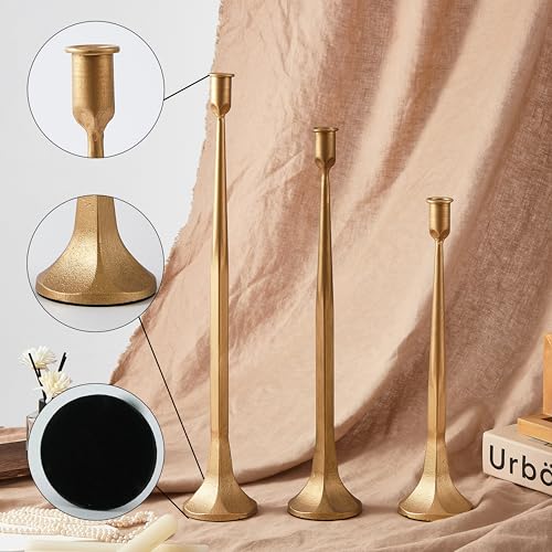 Iron Taper Candle Holder Set of 3, Gold Candlestick Holders 19.3”17” 14” Heightening Decorative Candle Stand Set for Wedding, Dining Table, Home Decoration (Gold)