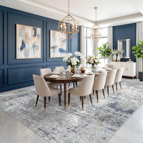 Washable Area Rug 9x12 Living Room – Neutral Modern Abstract Large Carpet for Bedroom Dining Room Office – Soft Non-Slip Low-Pile Thin Stain-Resistant Indoor Rugs （Blue Grey,9x12）