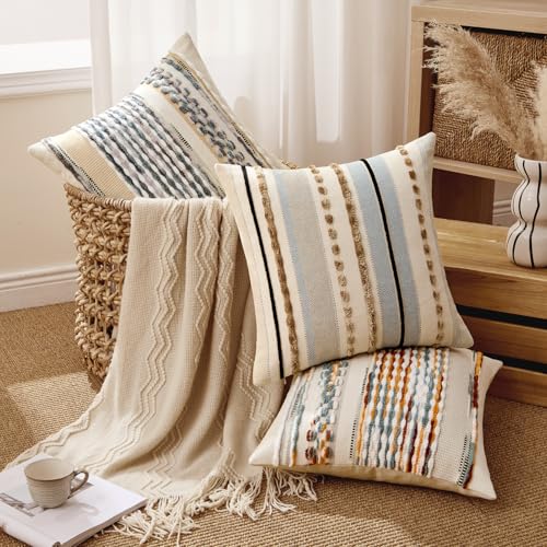 Boho Decorative Pillow Covers Gray Blue Stripe 18x18 Inch Pack of 1