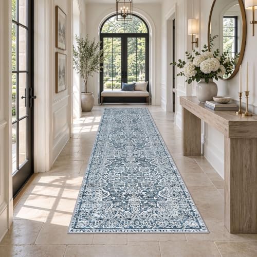 Vintage Washable Runner Rug 3x12 Wide Hallway Kitchen Rugs Blue White