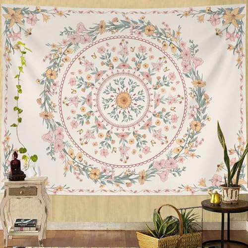 Neasow Bohemian Tapestry Wall Hanging, Beige Pink Floral Tapestry with Wild Flower Medallion Print Bedroom Boho Home Decor, White Wreath 36×48 inch