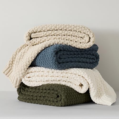EVERGRACEHOME Chunky Chenille Knit Throw Blanket for Couch, Soft Luxurious Moss Stitch Chair Blankets for Bed, Cozy Decorative Farmhouse Knitted Throws for Sofa, Olive Green, 50" x 60"