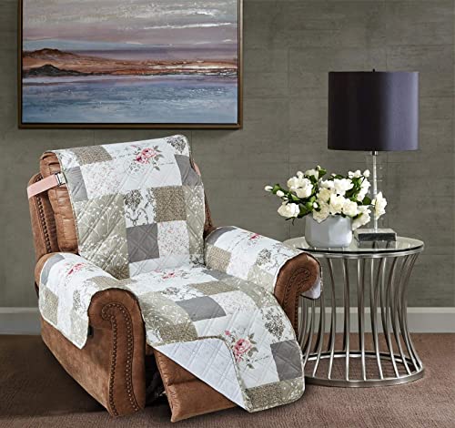 Brilliant Sunshine Pink Rose and Grey Toile Couch Recliner Cover, Patchwork Design, Sofa Cover for Dogs, Slip Resistant Furniture Protector with Strap, Washable Slipcover for Kids and Pets (26" seat)