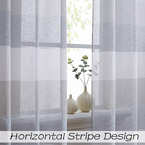 Central Park Gray and Smoke Blue Stripe Sheer Color Block Window Curtain Panel Linen Window Treatment for Bedroom Living Room Farmhouse 84 inches Long with Grommets, 2 Panel Rustic Drapes