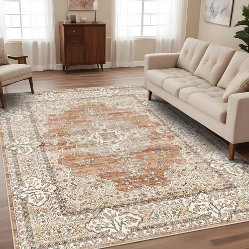9x12 Washable Area Rug for Living Room - Non-Slip Rugs Terracotta Beige