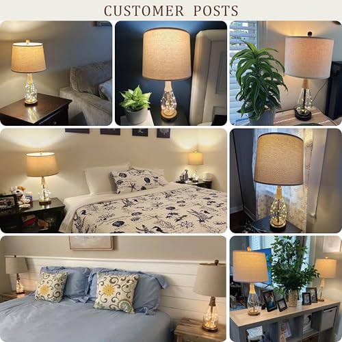 Bedside Table Lamps Set of 2 with USB, Modern Bedside Lamps Retro Farmhouse Rattan Glass Nightstand Nightlight Lamps for Bedroom Living Room Dorm,Two Light Points