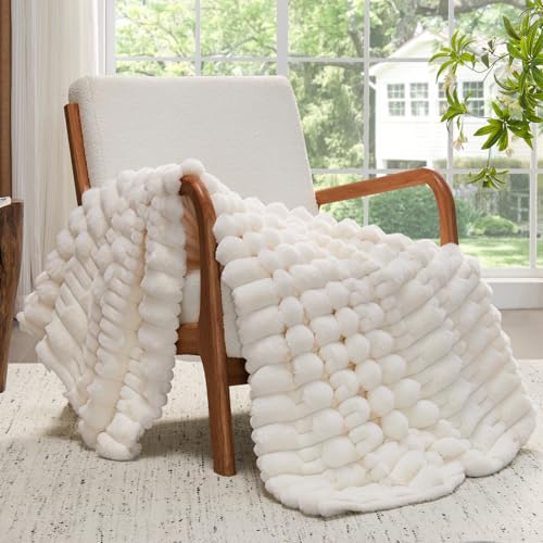 BEDELITE Faux Fur Cream Throw Blanket for Couch - Super Soft & Cozy Plush Striped Blanket for Sofa and Room Decor, Luxury Fluffy All-Season Blankets Gift for Women, Men, Mom, Dad, 50x60 inch, Cream
