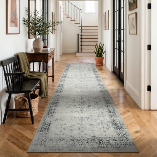 Washable Hallway Runner Rug 2.5x10, Gray Vintage Runner Rug Non Slip, Soft Distressed Long Indoor Carpet Runner for Kitchen Foyer Entryway Bedside Laundry Room Bathroom, 10 Foot Runner