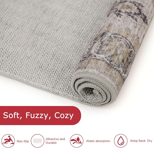 KOZYFLY Vintage Washable Rug Runner 2.6x10 Hallway Rug Runner Grey/Beige