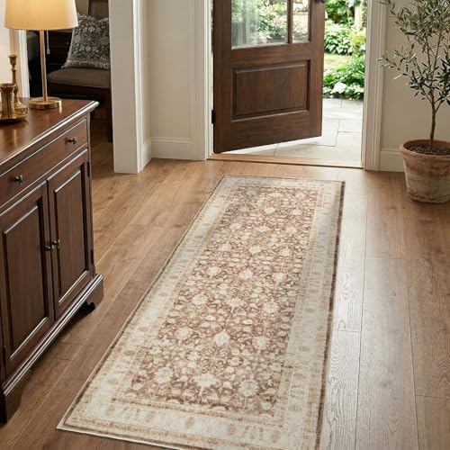jinchan 2x5 Vintage Floral Runner Rug, Washable Non Slip, Taupe