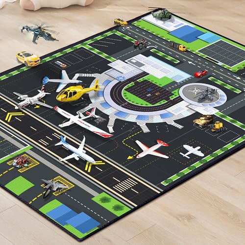 Play Rug for Kids Playroom, 2x3 Airport Carpet with City Road Traffic System and Aircraft Runway, Airport Playmat Airplane Rugs Non-Slip Washable Area Mat for Boys Bedroom