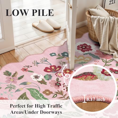 4x4 Washable Pink Round Rug: Scalloped Floral Circle Rug for Women Bedroom