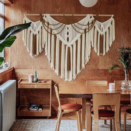 IOWER Boho Woven Wall Hanging Handwoven Brown and White Geometric Tapestry Handmade Macrame Decor for Modern Bedroom Living Room Apartment Office Home 47" W x 35" L