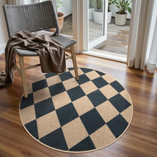 Lahome Checkered Easy Jute Round Rug 3ft, Outdoor Entryway Rug Washable