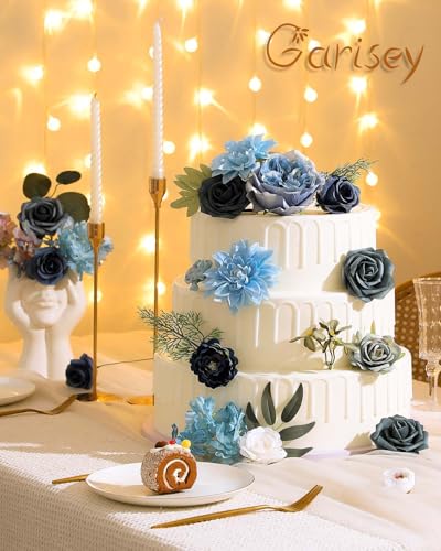 Garisey Artificial Flowers Combo Box Set Dusty Blue Flowers for DIY Wedding Bouquet Arrangements Bridal Shower Party Home Decorations(White Blue Rose)