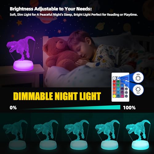 Dinosaur Night Light - 3D Acrylic 16 Color Changing Lamp with 3 Dino Patterns Remote Control, Kids Gift for Birthday Christmas