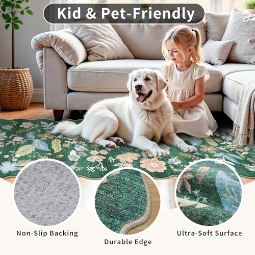 4x6 Washable Rug for Living Room: Non-Slip Scalloped Floral Area Rug Green