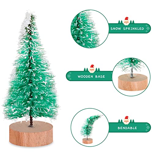 Sumind 48 Pcs Mini Brush Christmas Trees Sisal Snow Frost Tree Artificial Winter Mini Pine with Wooden Base Xmas Small Bottle Brush Trees for Christmas Winter Decoration(Green)