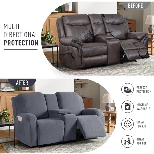 KinCam Loveseat Recliner Covers with Middle Console Slipcover, Recliner Sofa Covers 2 Seat Couch Cover Stripe Jacquard Furniture Protector Covers with Elastic Bottom for Kids, Pets (Dark Gray)