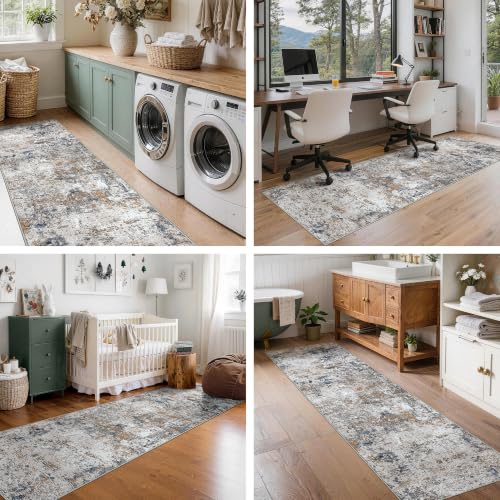 Washable 2x8 Runner Rug, Blue Rust Abstract Non-Slip for Hallway, Kitchen
