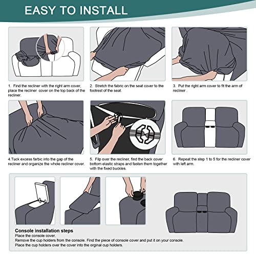 Ruaozz Loveseat Recliner Covers with Console, 4-Pieces Recliner Sofa Covers Stretch Jacquard Reclining Couch Covers with Pockets Furniture Protector with Elastic Straps Bottom (Chocolate)