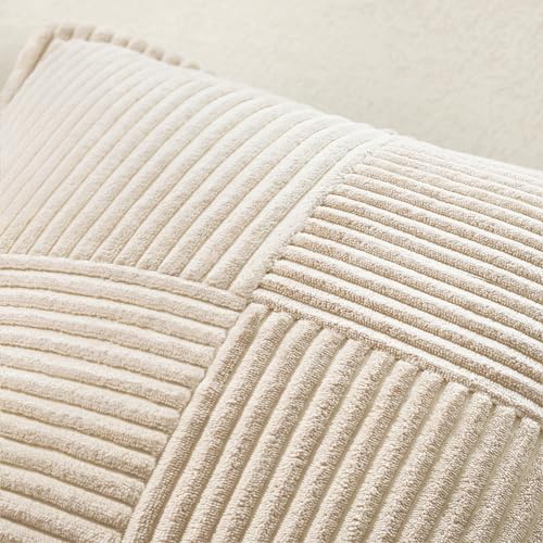 MIULEE Decorative Throw Pillow Covers for Couch Bed Livingroom 18x18 Inch Set of 2 Beige Boho Accent Throw Pllows Broadside Striped Patchwork Soft Corduroy Pillowcases
