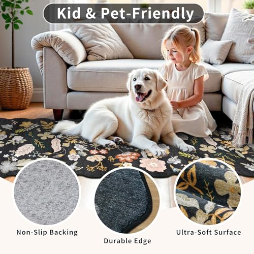 2x8ft Scalloped Hallway Runner Rug – Non-Slip Washable Boho Floral Carpet Runner for Kitchen, Bathroom, Bedroom & Entryway – Soft Low-Pile Thin Rug with Rubber Backing (Black, 2x8)
