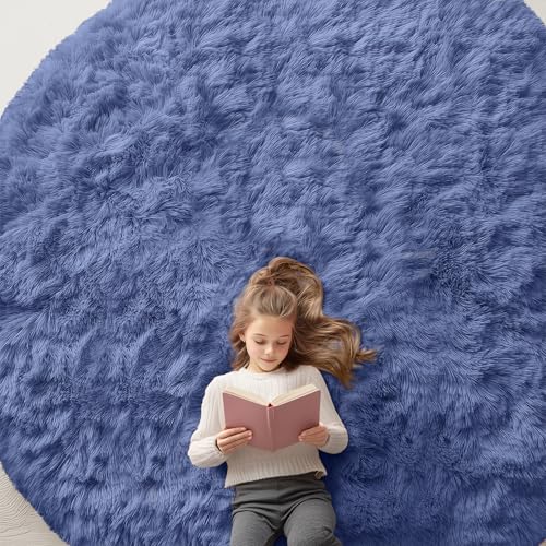 OLANLY Denim Blue Round Rugs for Bedroom - Machine Washable, 9 ft Circle Area Rugs for Living Room, Soft and Fluffy Shaggy Carpet for Teen Girl and Boys, Nursery Rooms, Dorms, Home Decor Aesthetic