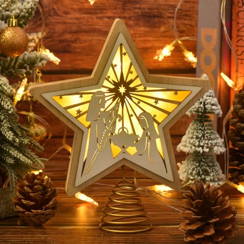 Christmas Star Tree Topper, Wooden 3D Star Glittered Hollow Plug-in Christmas Tree Topper Decoration with LED Light & 6-Hour Timer Function for Indoor Office Holiday Xmas 7.87" x 8.86" (White)