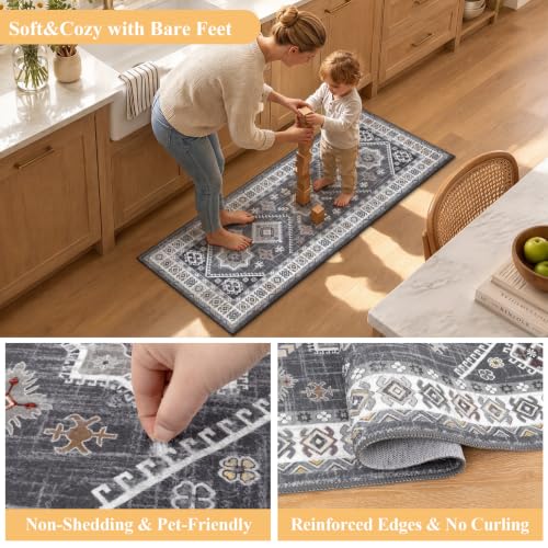 HEBE Boho Kitchen Rugs Set of 3, Non Slip Washable Kitchen Mats for Floor