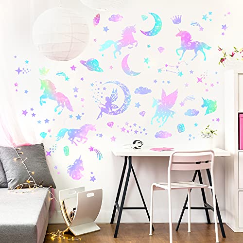 4 Sheets of Unicorn Peel and Stick Wall Decal Glitter Unicorn and Fairy Wall Stickers Cartoon Wall Decals Removable DIY for Bedroom Playroom Living Room Decor