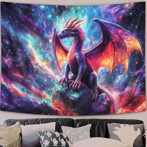 Purple Dragon Tapestry, Gothic Medieval Fantasy Animals Cool Dragon Tapestry for Bedroom Aesthetic, Nebula Starry Sky Tapestry Wall Hanging, Men Boys Poster Blanket College Dorm Home Decor, 40X30in