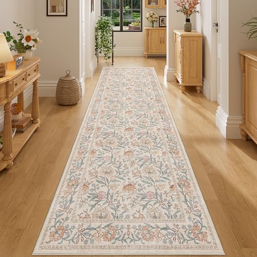 DUKINO 2x6 Rug for Hallway, Vintage Floral Non Slip Kitchen Runner Rug with Washable & Lightweight, Soft Low Pile Indoor Floor Stain Resistant Carpet for Entryway, Bedroom, Bathroom, Laundry, Beige