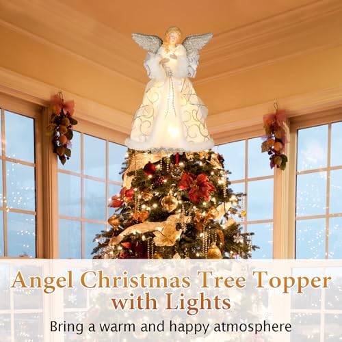 HMASYO Christmas Tree Topper Angel with Timer Lights, 12" Angel Tree Toppers with Silver Wings, Star Light, Remote Control and USB Power Xmas Treetop Decoration for Indoor Office Holiday Party