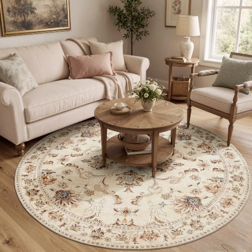 jinchan 7ft Traditional Floral Round Rug, Washable Rug, Oatmeal Rust