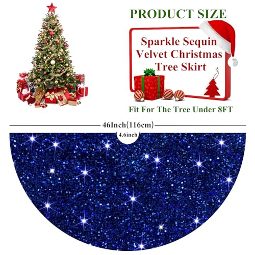 46 Inch Sequin Tree Skirt Christmas Royal Blue Velvet Tree Mat Xmas Tree Cover for Christmas Tree Decorations Rustic Fall Tree Dress Skirt Halloween Thanksgiving Ornaments