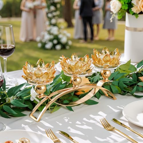 Crystal Candle Holder, 5.6" Tall Gold Centerpieces for Tables, 3-Arm Lotus Candelabra, Home Decor for Wedding, Dining Room, Coffee Table and Living Room (10.5" L, Fits Tealight Candles)