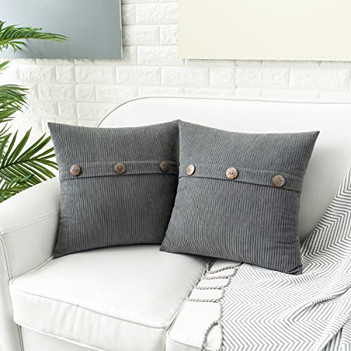 HWY 50 Grey Chenille Throw Pillow Covers 16x16 Inch Buttons Pack of 2