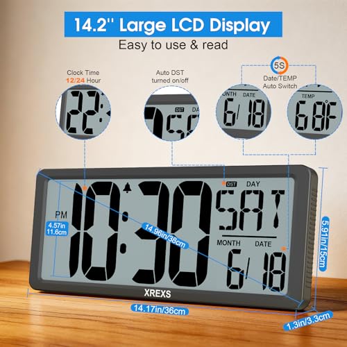 XREXS Large Digital Wall Clock, Battery Operated Alarm Clocks for Bedroom Home Decor, Count Up & Down Timer, 14.17 Inch Large LCD Screen with Time/Calendar/Temperature Display (Batteries Included)