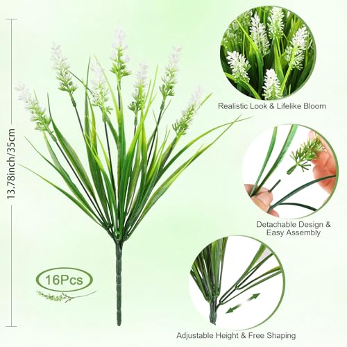 AmyHomie Artificial Plants & Flowers for Outdoors – 16 Bundles White Fake Lavender Flowers & Monkey Grass, UV Resistant Faux Greenery for Patio, Porch, Planter, Garden and Window Decor